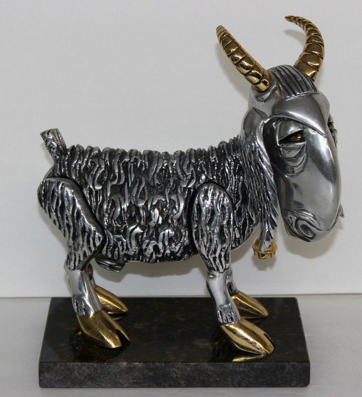 Signed Frank Meisler 'Ephraim the Goat' Sculpture: Signed Frank Meisler 'Ephraim the Goat' Sculpture on marble base. Measures - 9 1/4" high x 10" long. Numbered 136/480. Somewhat of a cynical goat, part of the tales and legends of Jewish tradition wit