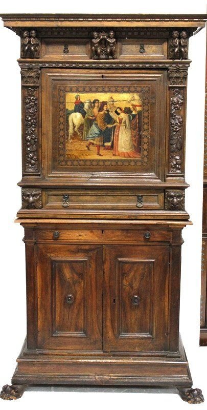 19th C. Italian Walnut Fall Front Secretary: 19th C. Italian Walnut Fall Front Secretary with two drawers and two doors - the fall front, 17th C. Inlaid with geometric design and painted "romantic scene of a betrothal", with carved putti at top.
