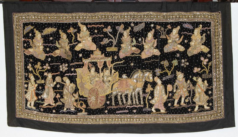 Large Decorative Wall Hanging From Thailand: Large Decorative Wall Hanging From Thailand featuring a beautiful woven tapestry embellished with sequins and raised padding. Very intricate and detailed hand work. With rod for hanging. Measures - 40