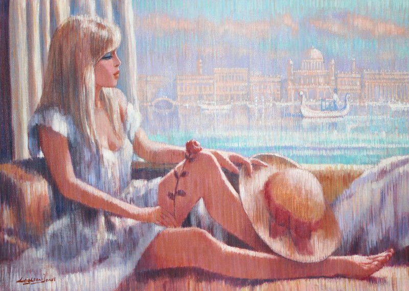 Barry Leighton Jones Acrylic on Canvas: Barry Leighton Jones Acrylic on Canvas, depicting young girl with rose. Measures - 32" high x 45 1/8" wide.