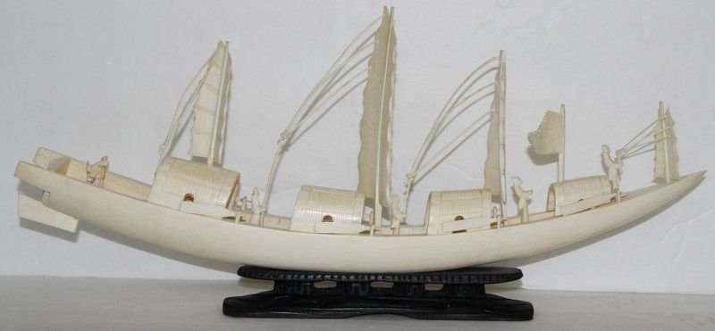 Large Chinese Carved Ivory Ship: Large Chinese Carved Ivory Ship. Solid ivory tusk. Approx. 8" high x 17" long. Approx. 3 lbs. INTERNATIONAL CLIENTS ARE INELIGIBLE TO BID ON THIS ITEM. THIS ITEM IS FOR SALE ONLY WITHIN THE UNITED STA