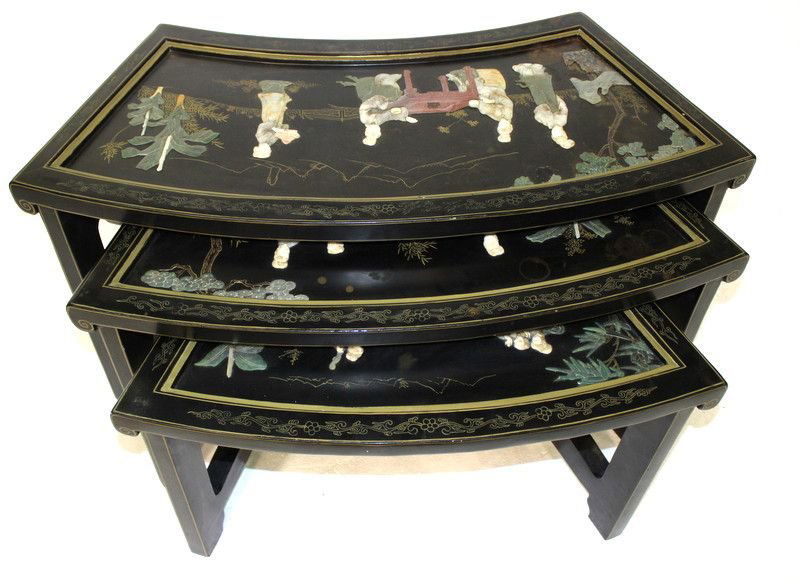 3 Pc. Chinese Carved Bone & Mother of Pearl Tables: 3 Pc. Chinese Carved Bone & Mother of Pearl Tables. Big table - 38" long x 19 1/2" high x 15 1/2" wide. Medium table - 33 1/2" long x 18" high x 13 3/4" wide. Small table - 28" long x 16 1/2" high x 1