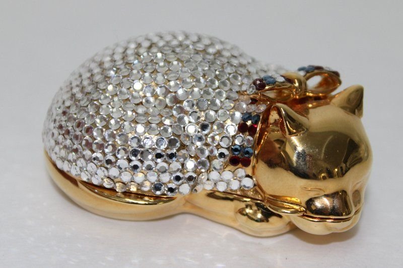 Judith Leiber Cat Pill Box w/ Rhinestones: Judith Leiber Cat Pill Box w/ Rhinestones. Measures - 2 1/2" long.