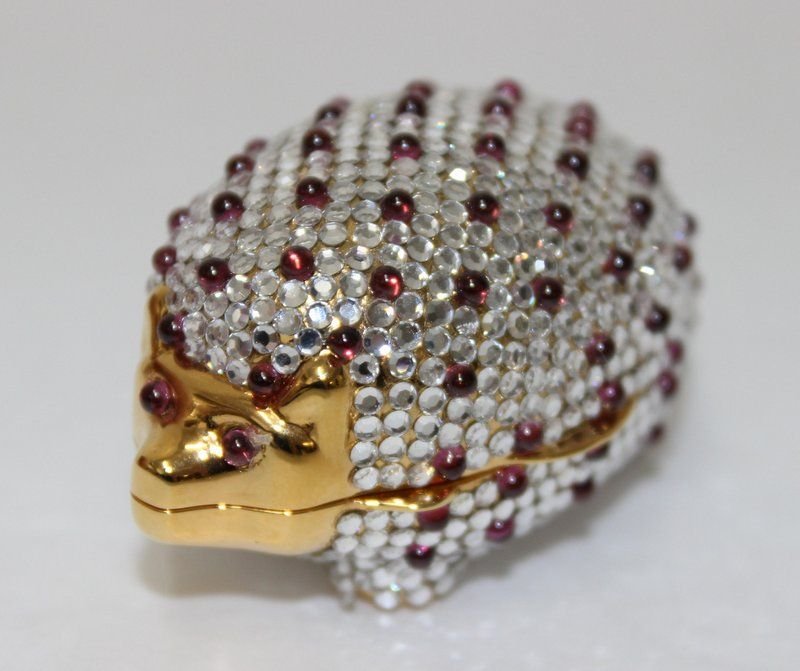 Judith Leiber Hedge Hog Pill Box: Judith Leiber Hedge Hog Pill Box, with rhinestones and gemstones. Measures - 1 7/8" long.