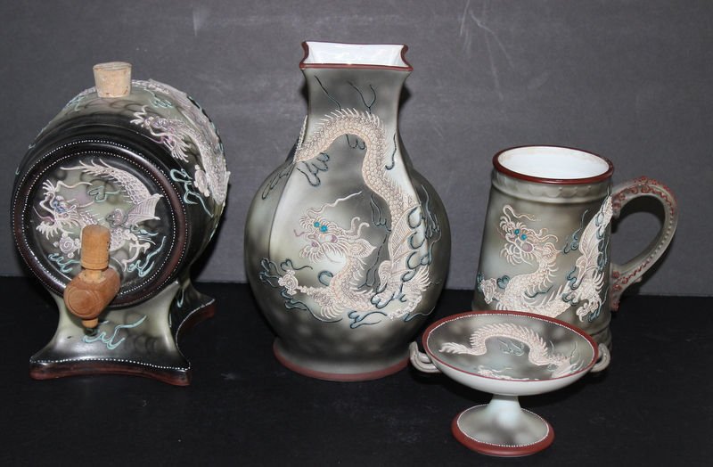 4 Pc. Nippon Dragon Japanese Moriage Serving Items: 4 Pc. Nippon Dragon Japanese Moriage Serving Items. Smallest - 2 1/2" high, biggest - 9" high.