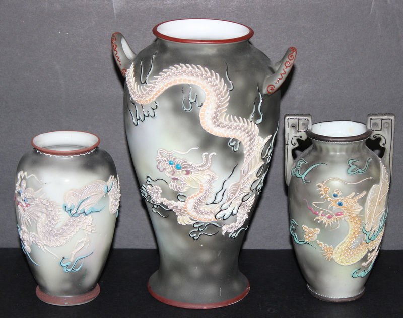 Three Nippon Dragon Japanese Vases: Three Nippon Dragon Japanese Vases. Smallest - 5" high, biggest - 8 1/2" high.