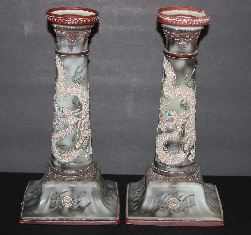 Pair of Nippon Japanese Dragonware Moriage Candlesticks: Pair of Nippon Japanese Dragonware Moriage Candlesticks. Measures - 10" high.