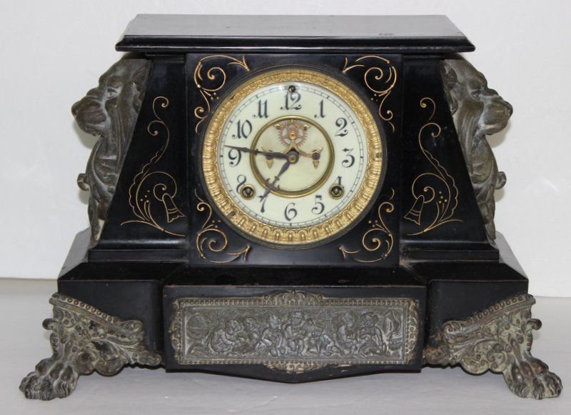 Ansonia Clock Co. Bronze Mounted Marble Mantle Clock: Ansonia Clock Co. Bronze Mounted Marble Mantle Clock, bronze mounted lion figural clock. Measures - 11 1/4" high x 17 1/8" wide x 6 1/2" deep.