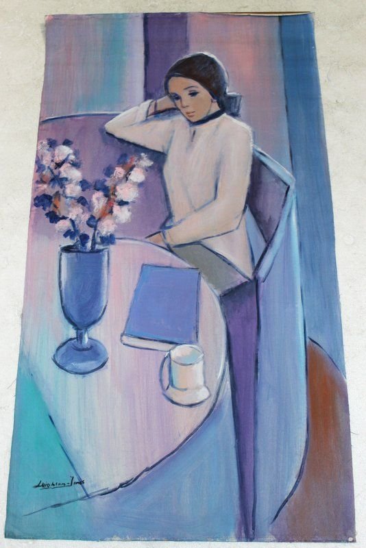 Barry Leighton Jones Acrylic on Canvas: Barry Leighton Jones Acrylic on Canvas. Depicting a lady at a table. Signed lower right. Measures - 52" long 29" wide. Unframed.