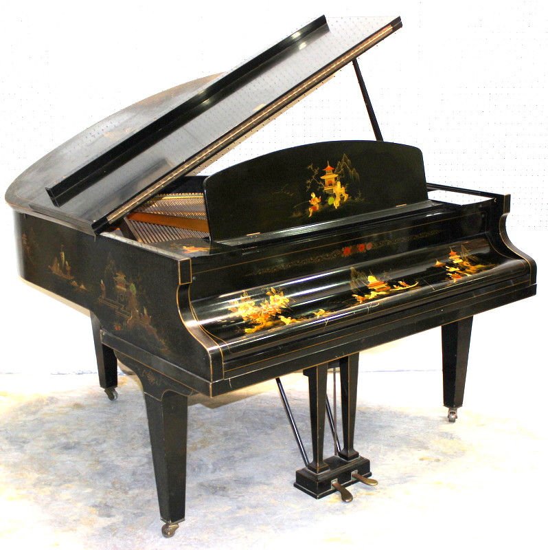 Challen Black Lacquer & Gilt Chinoiserie Decorated: Challen Black Lacquer & Gilt Chinoiserie Decorated Baby Grand Piano. Second quarter 20th century. Measures - 38 1/2" high x 62" long x 58 3/4" wide.