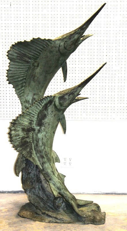 Large Bronze Sail Fish Fountain: Large Bronze Sail Fish Fountain. Greenish patina. Measures - 65" high x 35 1/2" wide x 28" deep. Minor chip to bill.