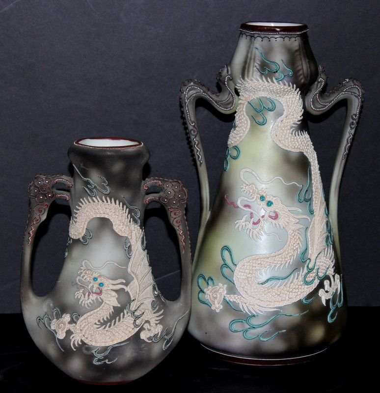 Two Hand Painted Nippon Japanese Dragon Vases: Two Hand Painted Nippon Japanese Dragon Vases. One measures - 7 1/2" high, other measures - 11 1/2" high.