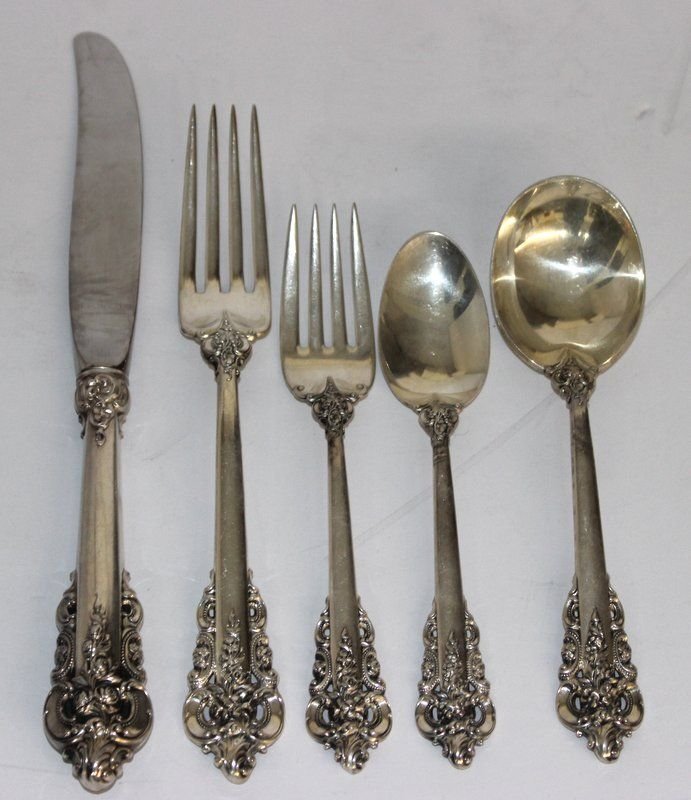 60 Pc. Wallace "Grande Baroque" (c. 1941) Sterling: 60 Pc. Wallace "Grande Baroque" (c. 1941) Sterling Flatware Set. Service for 12, circa 1942. Set contains 12 dinner forks - 8" long, 12 salad forks - 6 1/2" long, 12 cream soup spoons - 6 5/8" long, 1