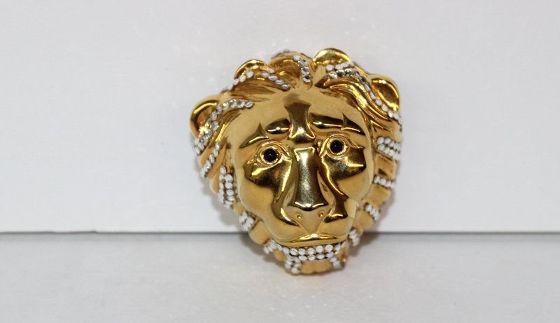 Judith Leiber Lion Face Pill Box: Judith Leiber Lion Face Pill Box. Measures - 2" long. With original pouch. With Swarovski crystals.