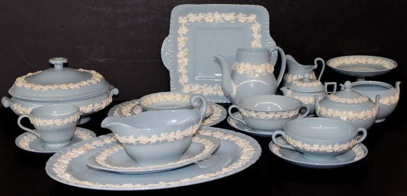 80 Pc. Wedgwood Cream Color on Lavender (Plain & Shell: 80 Pc. Wedgwood Cream Color on Lavender (Plain & Shell Edge) China Set. 1 gravy boat with under plate - 4 1/4" high x 7 1/4" wide, under plate - 9 1/4" long x 5 3/4" wide, Square handled cake plate -