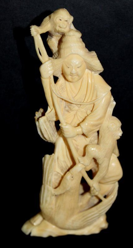 Antique 19th C. Chinese Carved Ivory Figural Group: Antique 19th C. Chinese Carved Ivory Figural Group. Measures - 5 3/8" high. Featuring a hunter, 2 monkeys and a phoenix bird. Weight - 115.4 grams. INTERNATIONAL CLIENTS ARE INELIGIBLE TO BID ON THIS 