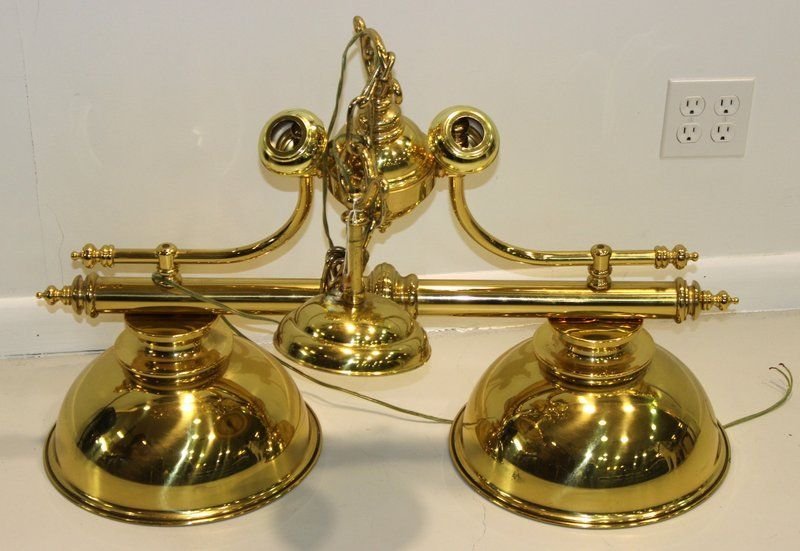 Brass Pool Table Light: Brass Pool Table Light. Measures approx. - 36" high x 34" long x 13" deep.