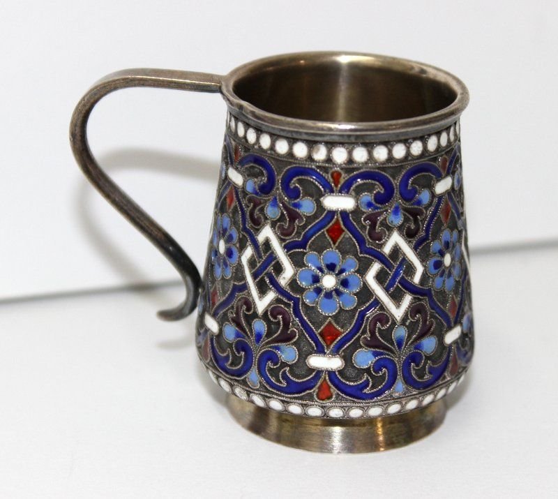 Gustav Klingert Russian 84 Silver & Enamel Cup: Gustav Klingert Russian 84 Silver & Enamel Cup. A Russian silver and cloisonne enamel cup hallmarked, 84 standard & G.K. Silversmith Gustav Klingert. Measures - 1 7/8" high. Weight - 54.5 grams.