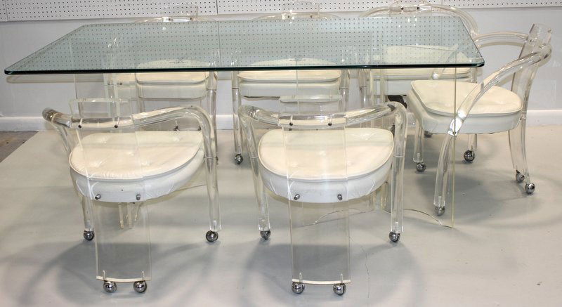 7 Pc. Mid-Century Lucite Acid Etched Glass Dining Table: 7 Pc. Mid-Century Lucite Acid Etched Glass Dining Table & Chairs. 6 chairs - 29 1/4" high x 23 3/4" wide x 24" deep. Table - 71 7/8" long x 37 3/4" wide x 29 1/8" high.