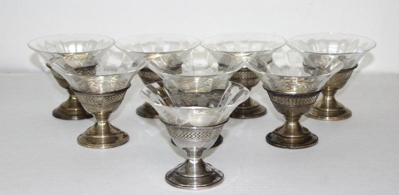 (8) Sterling & Etched Glass Sherbert Dessert Cups: (8) Sterling & Etched Glass Sherbert Dessert Cups with floral design. Bases marked sterling. Measures - 3 1/2" high.