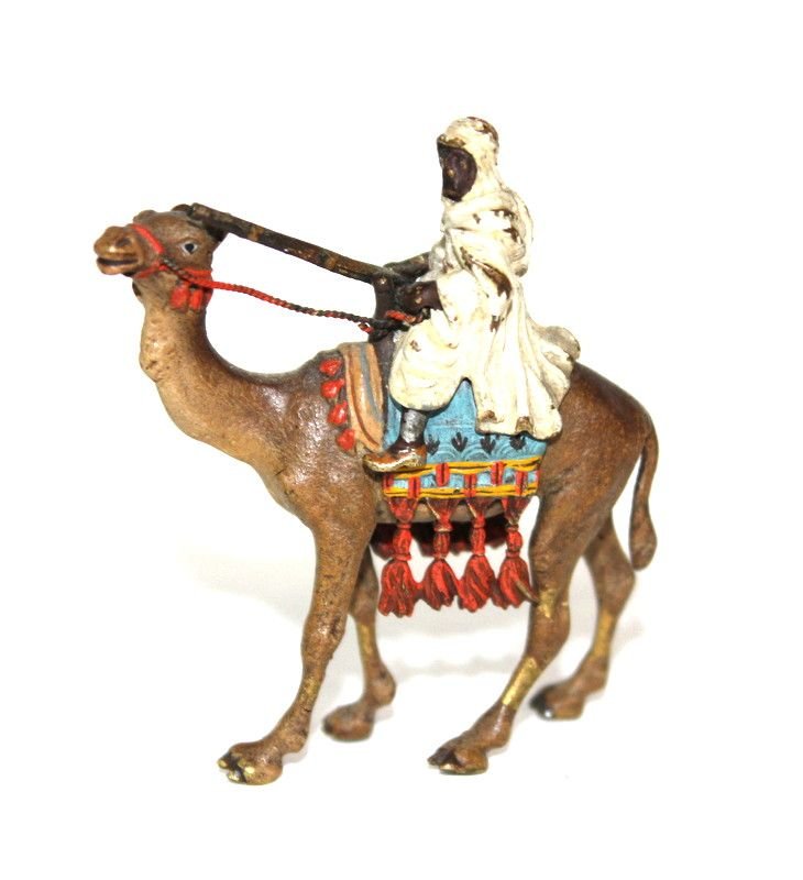 Franz Xavier Bergman (1861-1936) Bronze Sculpture: Franz Xavier Bergman (1861-1936) Bronze Sculpture. Camel rider, signed on bottom. Weight - 85.2 grams. Measures - 2 1/2" high x 2 1/4" wide. Marked Geschutut on bottom.