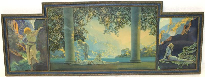Huge Maxfield Parrish Framed Litho Triptych: Huge Maxfield Parrish Framed Litho Triptych. Side pictures measure - 14 1/2" high x 10 3/4" wide, larger picture measures - 17 3/4" high x 29 1/2" wide. Total length - 55 1/4" long.