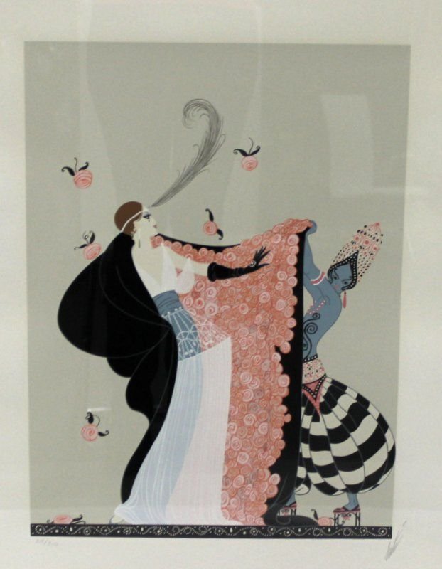 Erte "The Flowered Cape" Limited Edition Lithograph: Erte "The Flowered Cape" Limited Edition Lithograph. Numbered 218/300. Measures - 21" high x 15" wide, + 5 1/2" frame.