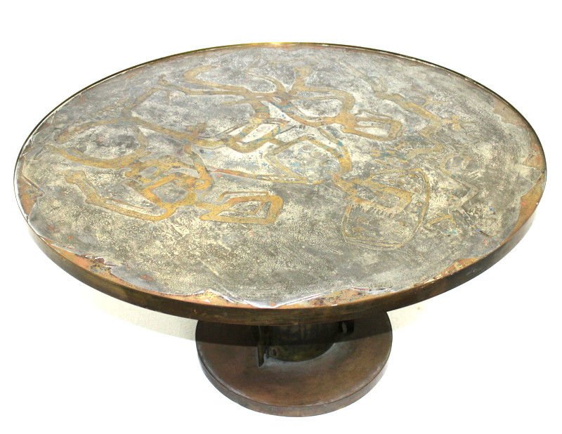 Philip & Kelvin Laverne Cocktail Table: Philip & Kelvin Laverne Cocktail Table with a welded fin base. Signed on top. Measures - 39" diameter x 21" high. Condition - wear consistent with age and use.