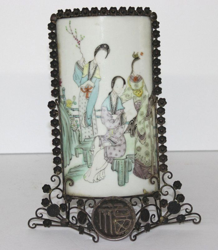 Chinese Hand Painted Porcelain Framed Panel: Chinese Hand Painted Porcelain Framed Panel. Measures - 10 7/8" high x 6 1/4" wide.