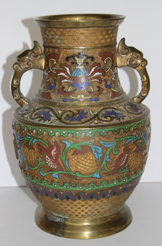 Antique Chinese Champleve Enamel & Bronze 2 Handled: Antique Chinese Champleve Enamel & Bronze 2 Handled Vase. Measures - 12" high x 8 1/2" wide.