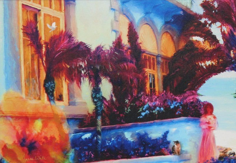 Jonna White Oil on Canvas Painting: Jonna White Oil on Canvas Painting. Colorful tropical painting with a woman and a cat in the foreground. Jonna White has an art gallery in St. Thomas. Image size - 27" x 19" + 3 1/2" gilt frame.