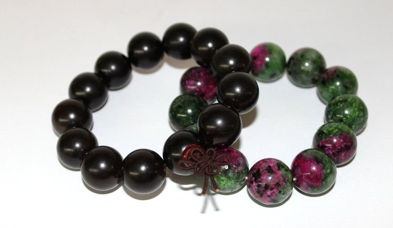 Pair of Chinese Wooden & Precious Stone Beaded: Pair of Chinese Wooden & Precious Stone Beaded Bracelets.