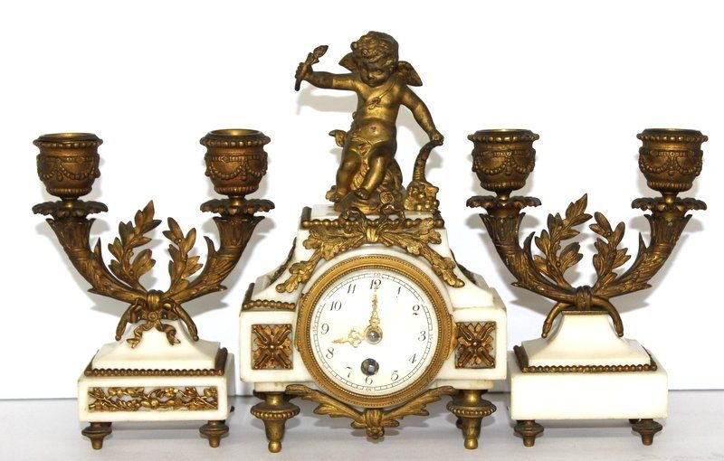 Antique Louis XV Style Bronze Mounted & Marble 3 Pc.: Antique Louis XV Style Bronze Mounted & Marble 3 Pc. Clock Set. Clock measures - 7 3/4" high, candleholders - 5" high. Missing pendulum. Piece of trim is missing.