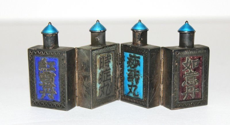 Chinese Silver & Enamel 4 Sectional Snuff Bottle: Chinese Silver & Enamel 4 Sectional Snuff Bottle. Measures - 3 1/2" long total.