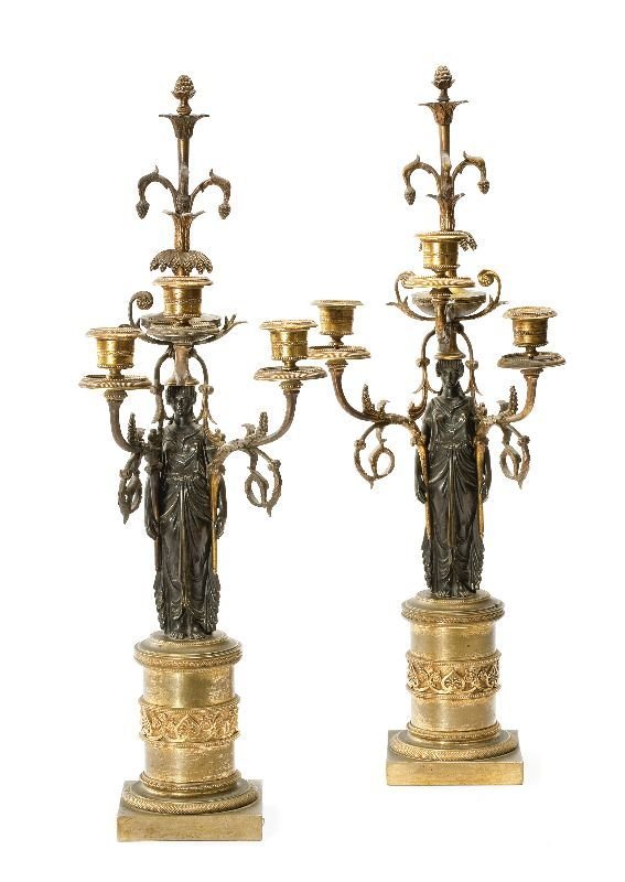 Pair of Louis XVI Ormolu & Patinated Bronze 3 Branch: Pair of Louis XVI Ormolu & Patinated Bronze 3 Branch Candelabras, possibly Austrian, last quarter 18th century. Measures - 20 1/2" high. Sothebys Sale #N08865 lot - 524, est - $10,000-$15,000. http://