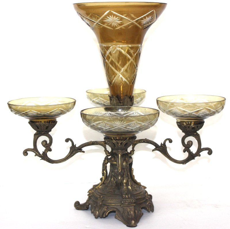 European Bronze & Olive Green Crystal Epergne: European Bronze & Olive Green Crystal Epergne. Measures - 15" high x 15 1/2" wide.