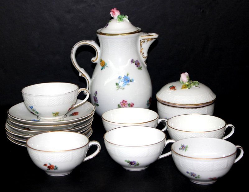 14 Pc. Dresden Hand Painted Floral Tea Set: 14 Pc. Dresden Hand Painted Floral Tea Set. Set contains tea pot - 6 3/4" high x 5 3/8" wide, sugar - 3 1/2" high x 3 1/2" diameter, 6 cups - 1 3/4" high x 3 1/2" wide, 6 saucers - 4 3/4" diameter.