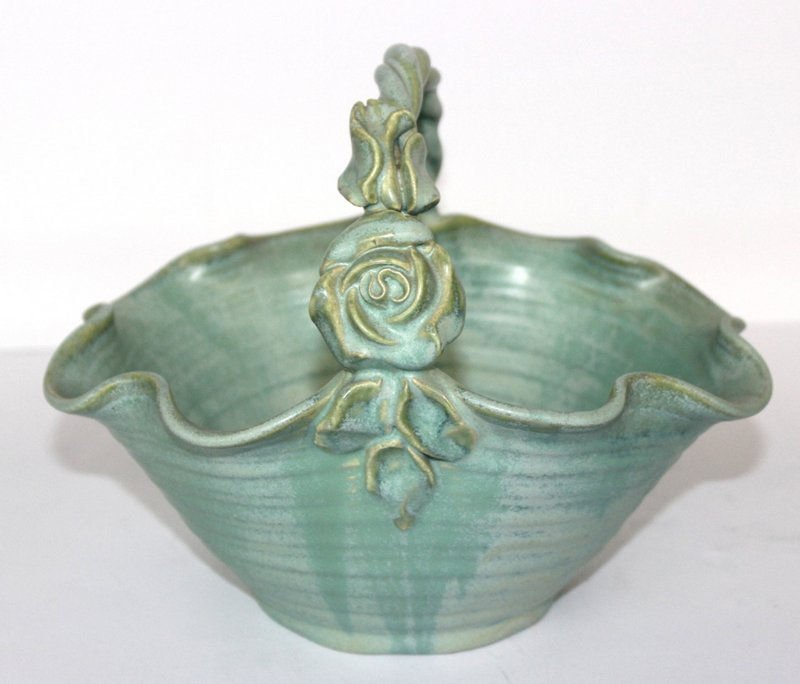 Fulper Light Green Pottery Basket: Fulper Light Green Pottery Basket. Signed on bottom. Measures - 6 3/4" high x 8 3/8" wide.