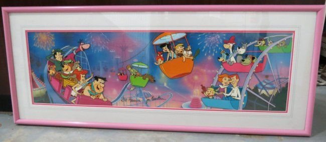 Hanna Barbera Original Animation Cel: Hanna Barbera Original Animation Cel featuring a whole cast of cartoon characters, signed by both Bill Hanna and Joe Barbera. Numbered 153/400. Measures - 11 1/4" high x 38 1/2" wide, frame - 3 3/4".