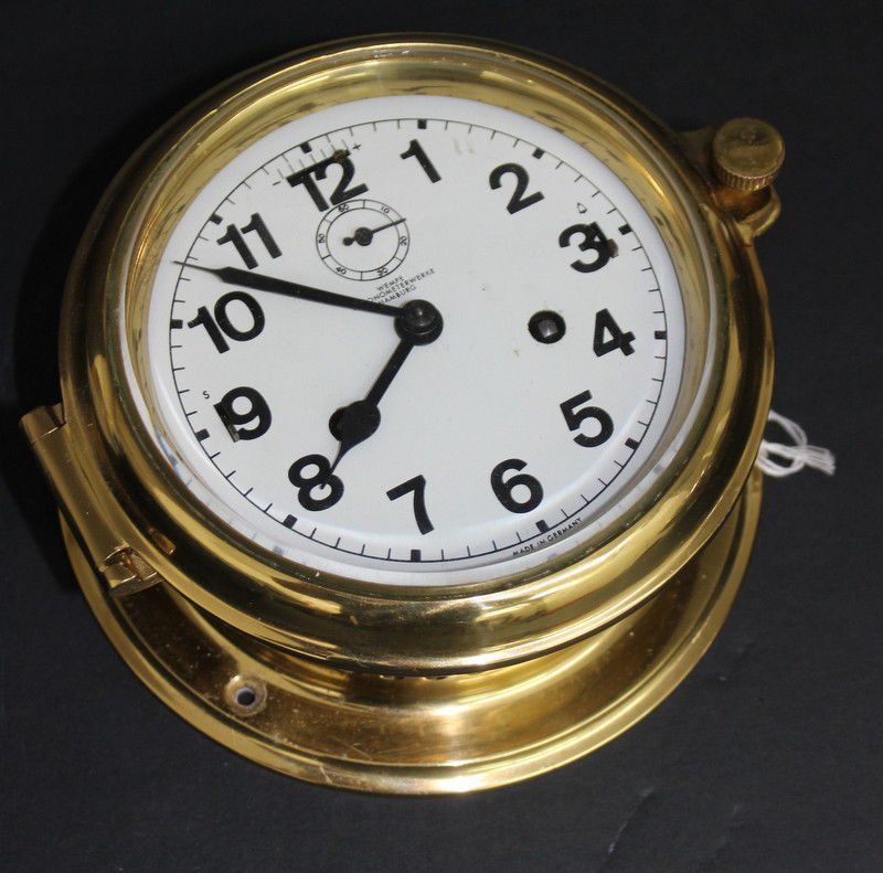 Antique Wempe Chronometerwerke Hamburg German Brass: Antique Wempe Chronometerwerke Hamburg German Brass Ship Clock. Measures - 3 3/8" high x 7 1/2" wide.