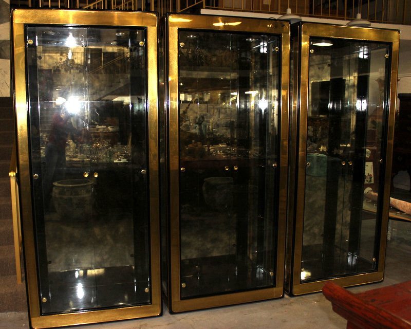3 Mastercraft Display Etagere Brass Bound Cabinet: 3 Mastercraft Display Etagere Brass Bound Cabinet, ebonized frames. Measures approx. - 83" high x 36" wide x 16" deep.