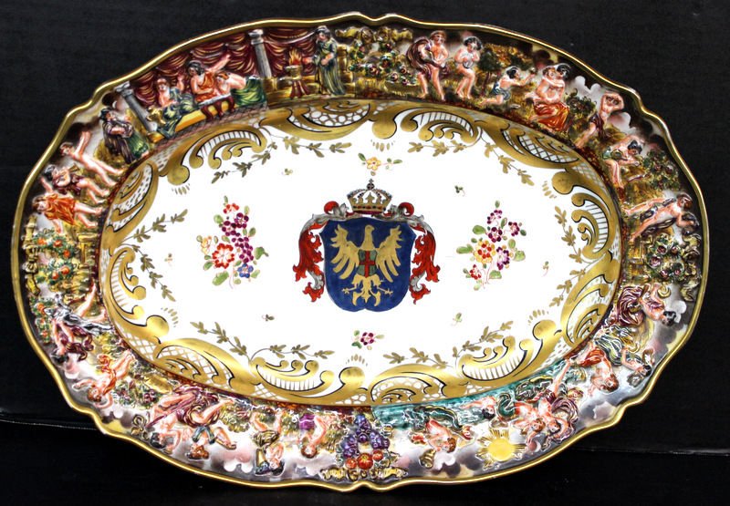 Antique Capodimonte Hand Painted Porcelain Serving: Antique Capodimonte Hand Painted Porcelain Serving Platter. Hallmark on bottom. Measures - 15 1/4" long.