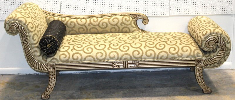 Silver Painted & Upholstered Settee: Silver Painted & Upholstered Settee. Measures - 89" long x 36" high x 27" deep.
