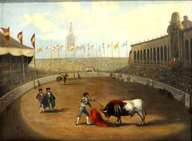 Fine Quality Unsigned Spanish Bull Fighting Oil: Fine Quality Unsigned Spanish Bull Fighting Oil Painting on Canvas. Depicting classic bull fighting in the arena. Measures - 31 1/2" wide x 23 1/2" high, + 3 1/2" frame.