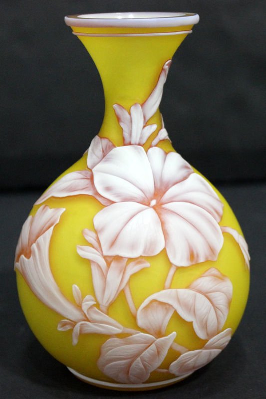 Antique Thomas Webb Cameo Vase: Antique Thomas Webb Cameo Vase. By Thomas Webb & sons, with covered carved butterfly trademark. Measures - 5 1/4" high x 3 1/4" across.