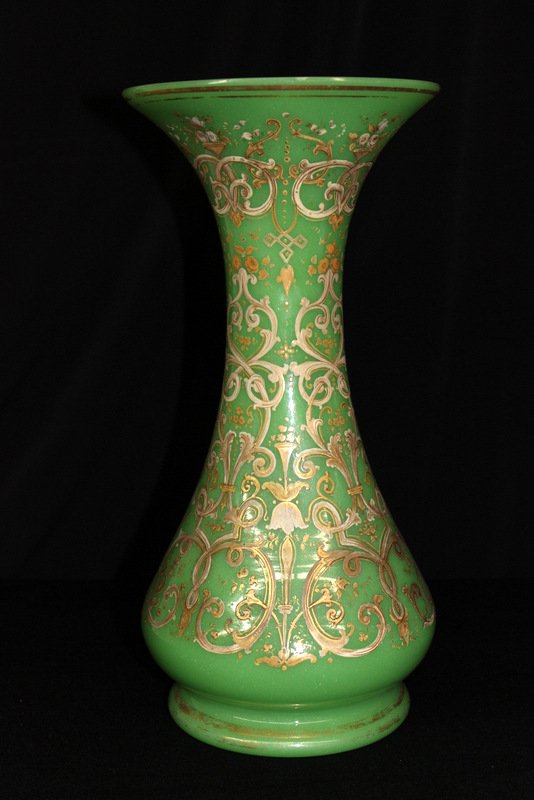Antique French Opaline Green Vase: Antique French Opaline Green Vase. Great antique hand decorated in gold green opaline vase. Scroll work throughout w/ epergnes and florals. Measures - 12 3/4" high.