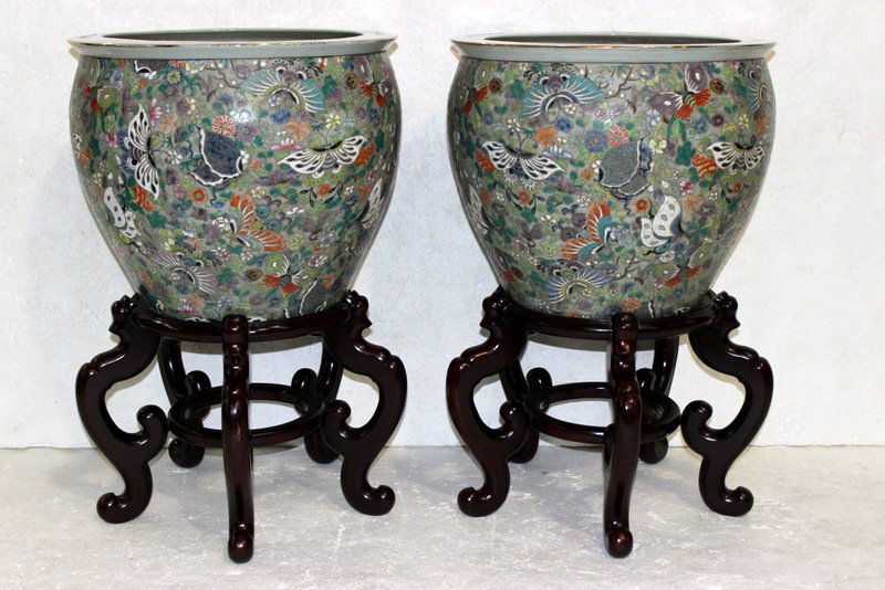 Chinese Large Pair of Fish Bowls on Stands (1 of 3)