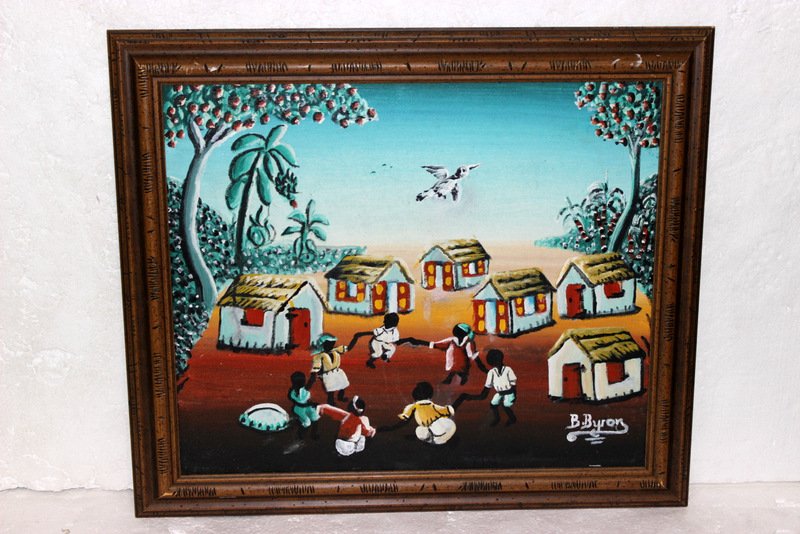 B. Bryan Haitian Oil Painting: B. Bryan Haitian Oil Painting. 6 huts with people holding hands dancing. Measures - 19 1/2" high x 23 5/8" wide, + 2 5/8" frame.
