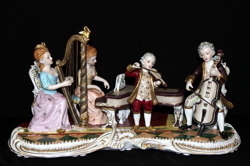 Antique Dresden Palace Size Figural Group: Antique Dresden Palace Size Figural Group. 4 musicians are playing harp, piano, violin, cello.