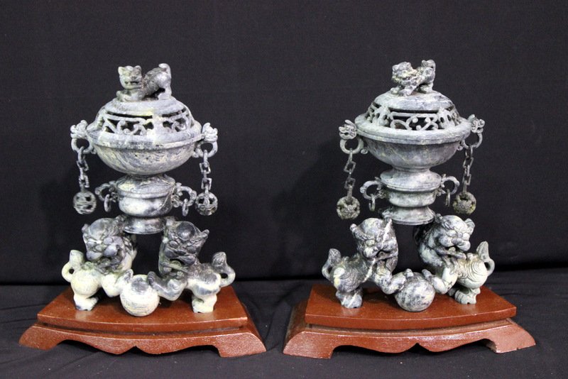Pair of Chinese Soapstone Censors: Pair of Chinese Soapstone Censors. Measures - 8 1/4" high x 6" wide, 1 1/2" high base.
